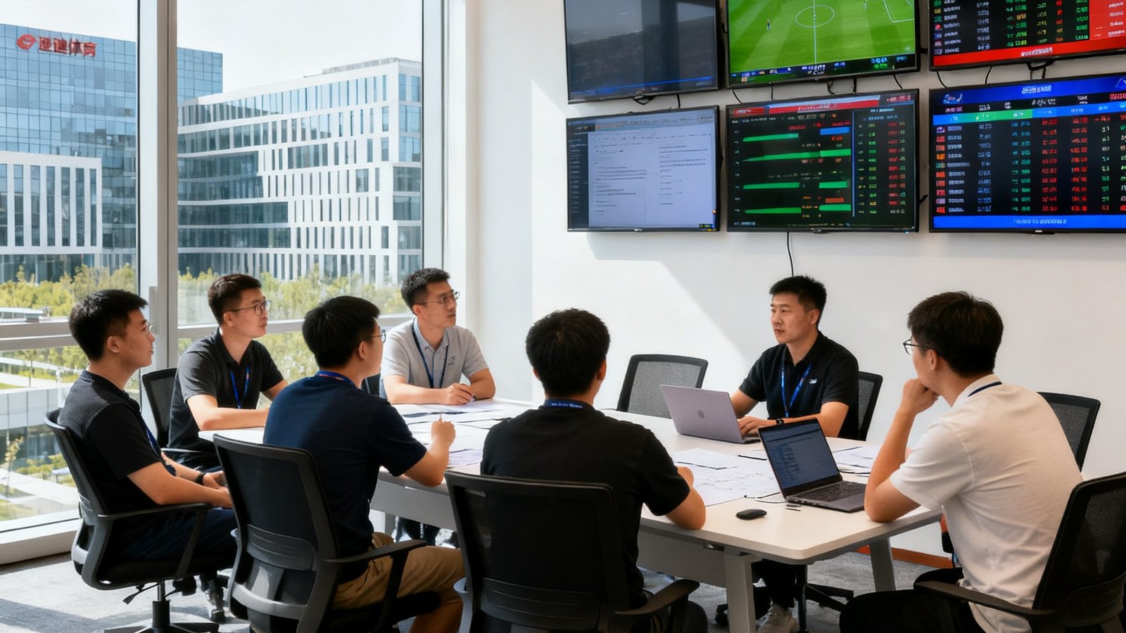 球速体育北京办公室内，技术团队成员围坐在会议桌旁讨论数据架构方案，墙面上悬挂着多块显示实时赛事数据的电子屏幕，窗外是望京科技园的现代建筑群。