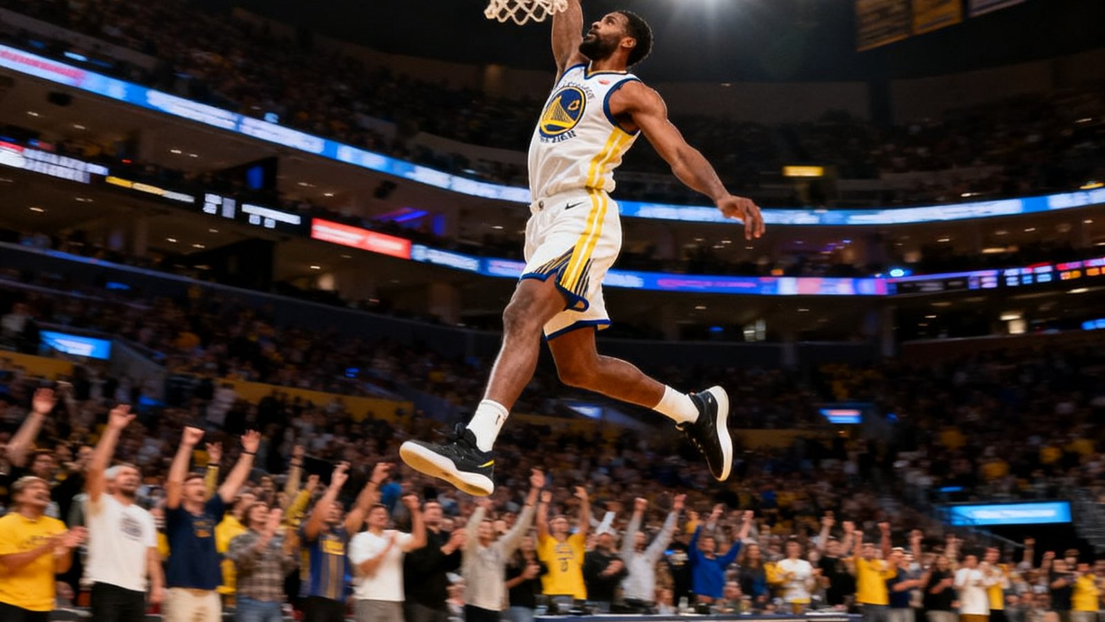 一名NBA球员飞身跃起在篮筐上方完成单手暴扣，球馆内灯光璀璨，观众席上人群站立欢呼，捕捉到运动巅峰的震撼瞬间。