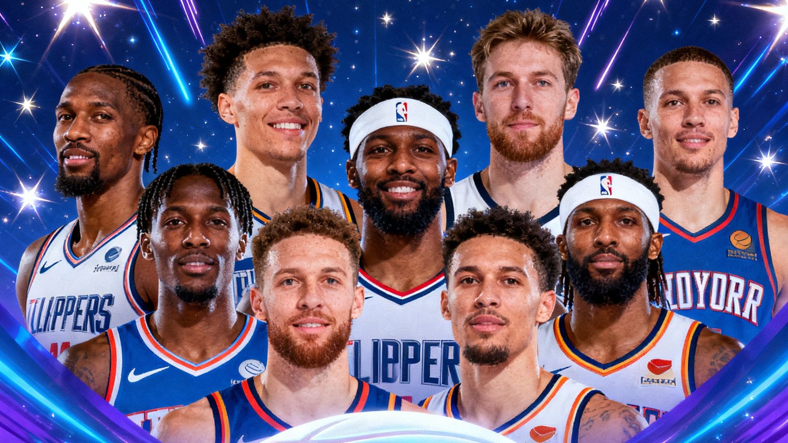 NBA全明星赛投票的宣传海报，多位球星的头像排列在画面中，背景是闪耀的星光和篮球图案。