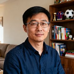 一位戴着眼镜的三十多岁中国男性球迷的半身肖像，穿着深蓝色休闲衬衫，背景是家中客厅的书架。
